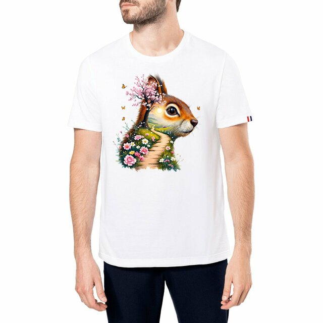 Image front T-shirt Homme Bio Made in France - "La Voie du Bonheur Écureuil"
