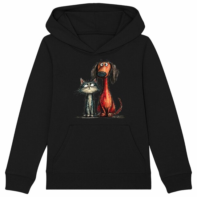 Image front Sweat à capuche Enfant Confort Bio - "Duo Complice Tigré & Teckel"