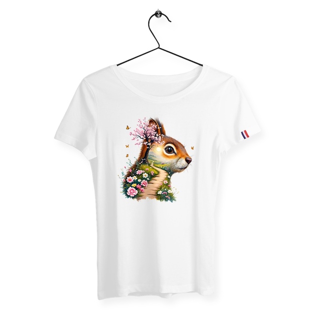 Image front T-shirt Femme Bio Made in France - "La Voie du Bonheur Écureuil"