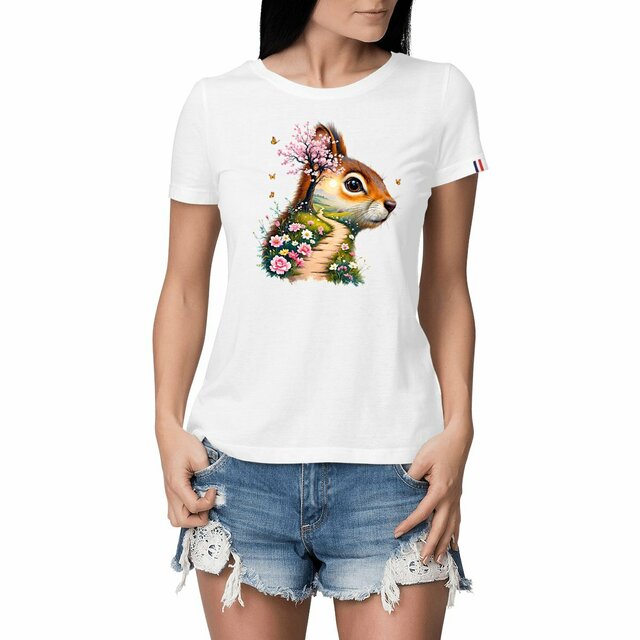 Image front T-shirt Femme Bio Made in France - "La Voie du Bonheur Écureuil"