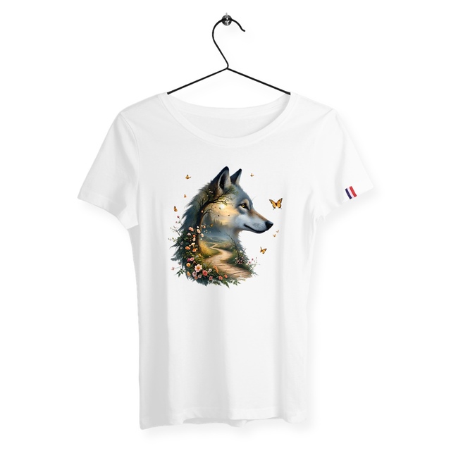 Image front T-shirt Femme Bio Made in France - "La Voie du Bonheur Loup"