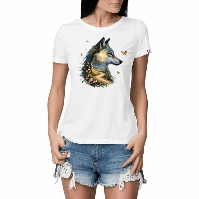 Image front T-shirt Femme Bio Made in France - "La Voie du Bonheur Loup"