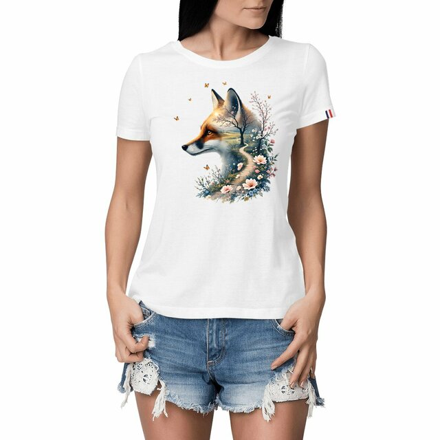 Image front T-shirt Femme Bio Made in France - "La Voie du Bonheur - Renard"