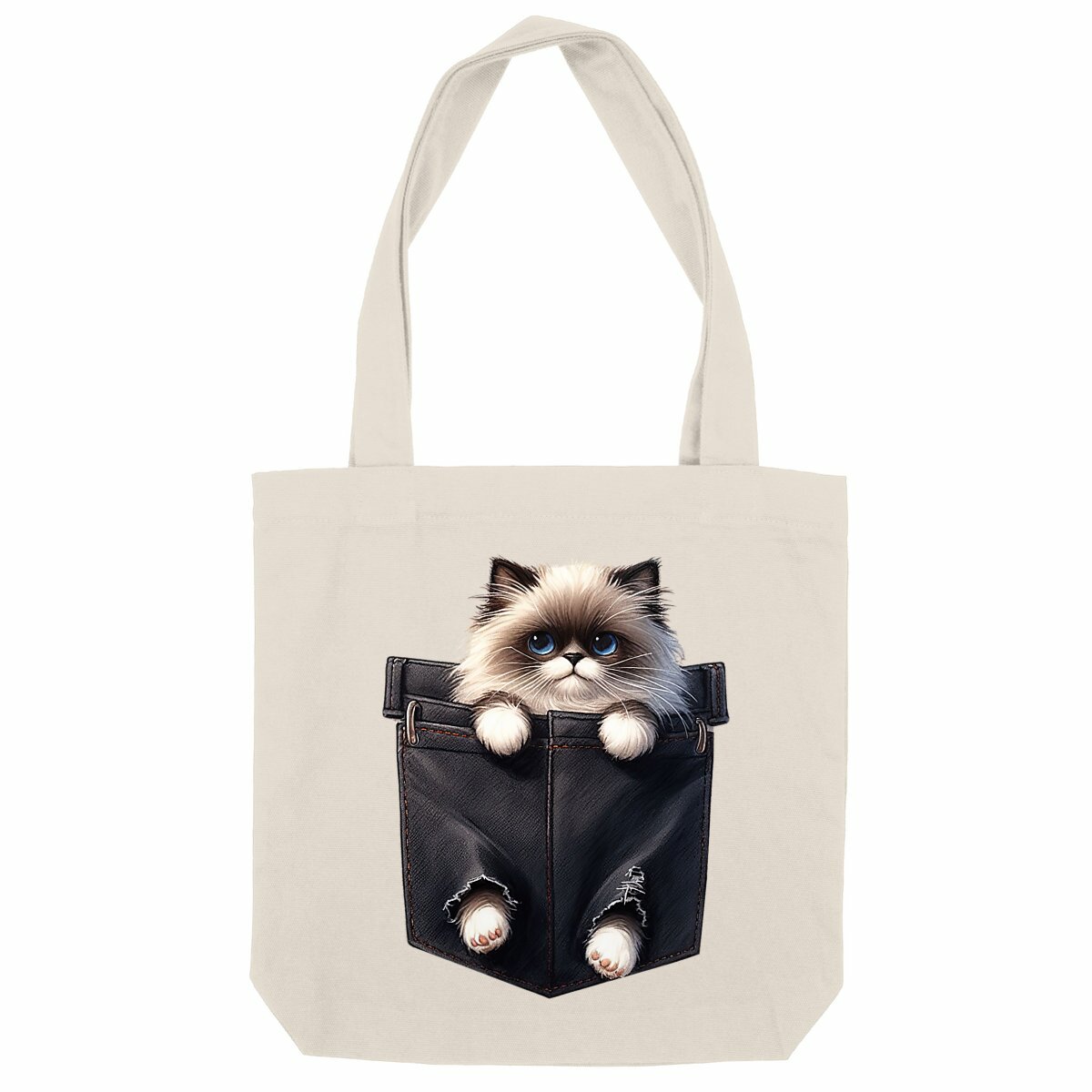 Image front Totebag Épais Recyclé - "Dans la poche" : Scottish Fold Curieux