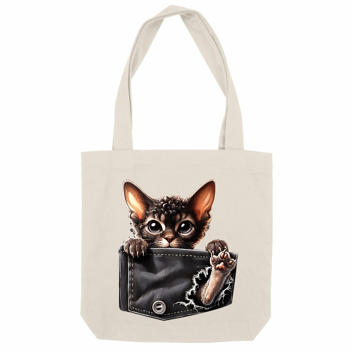 Image front Totebag Épais Recyclé - "Dans la poche" : Scottish Fold Curieux