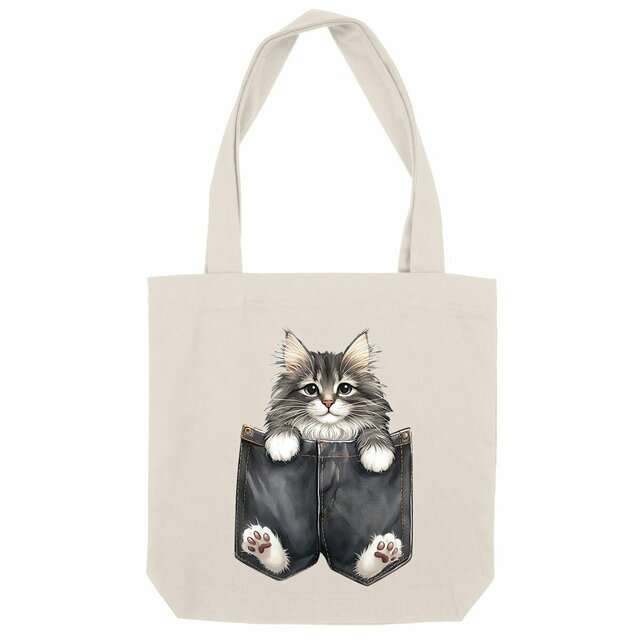 Image front Totebag Épais Recyclé - "Dans la poche" : Chat Norvégien Aventurier