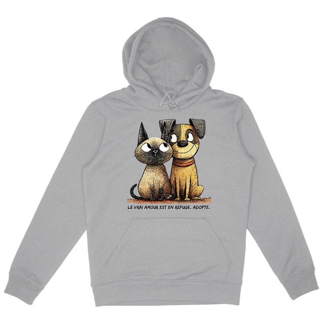 Image front Sweat à capuche Confort Unisexe Bio - "Le Vrai Amour est en Refuge. Adopte !" 