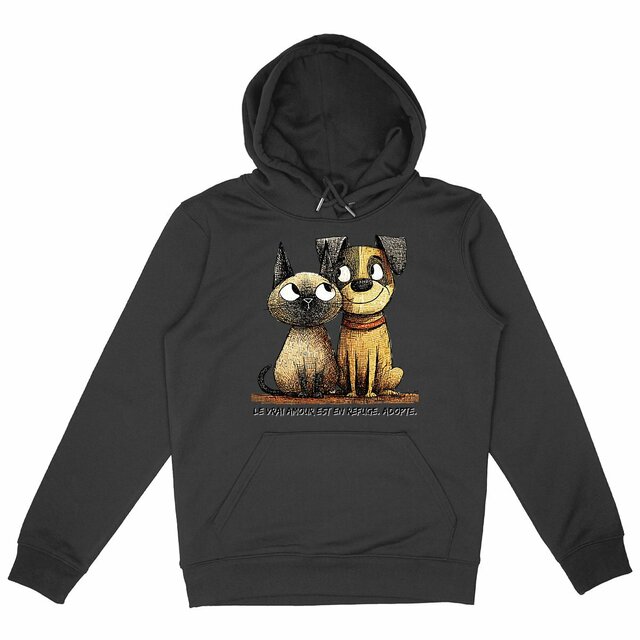 Image front Sweat à capuche Confort Unisexe Bio - "Le Vrai Amour est en Refuge. Adopte !" 