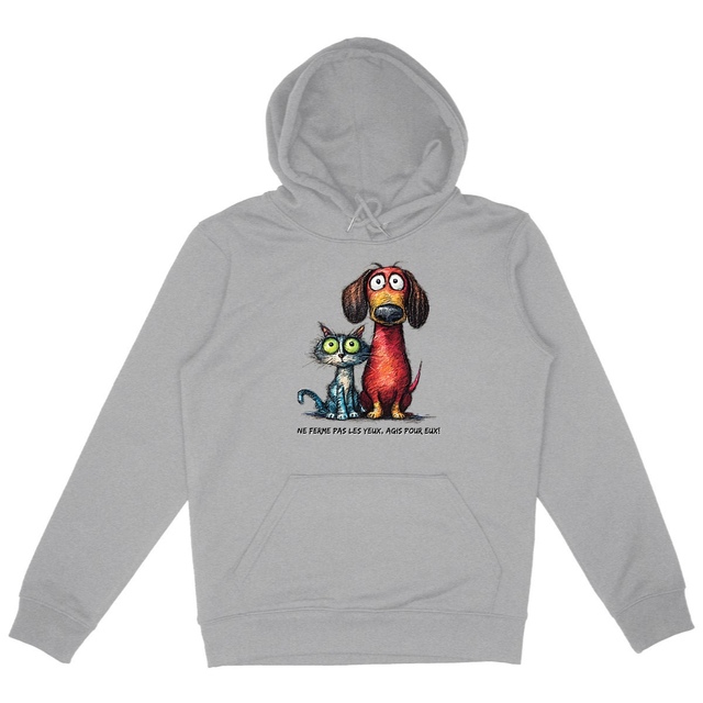 Image front Sweat à capuche Confort Unisexe Bio - "Ne ferme pas les yeux, Agis pour eux!"