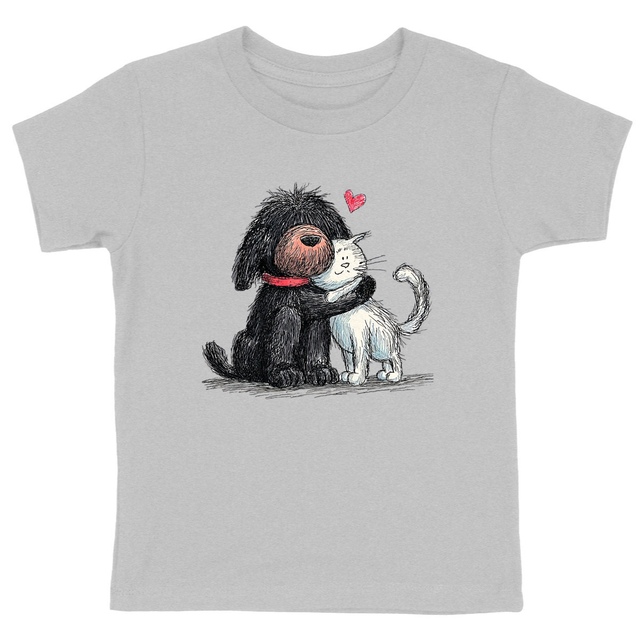 Image front T-shirt Enfant Confort Bio - "Duo Câlin Chien & Chat"