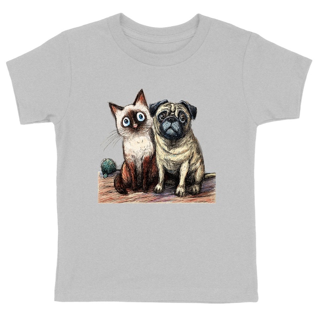 Image front T-shirt Enfant Confort Bio - "Duo Émouvant Siamois & Carlin"