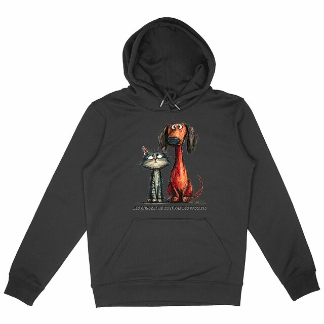 Image front  Sweat à capuche Confort Unisexe Bio - "Les animaux ne sont pas des produits" 