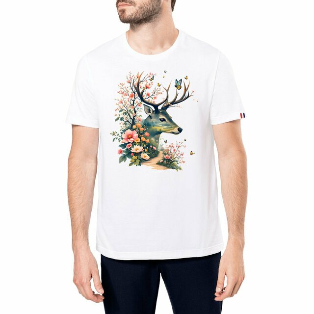 Image front T-shirt Homme Bio Made in France - "La Voie du Bonheur Biche"