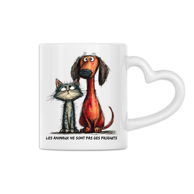 Image front Mug Anse Cœur Panoramique - "Les animaux ne sont pas des produits" 