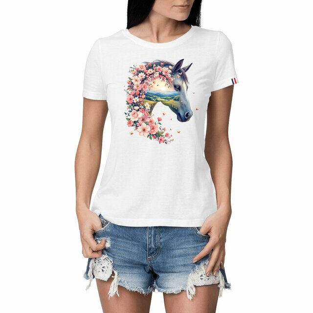 Image front T-shirt Femme Bio Made in France - "La Voie du Bonheur Cheval"