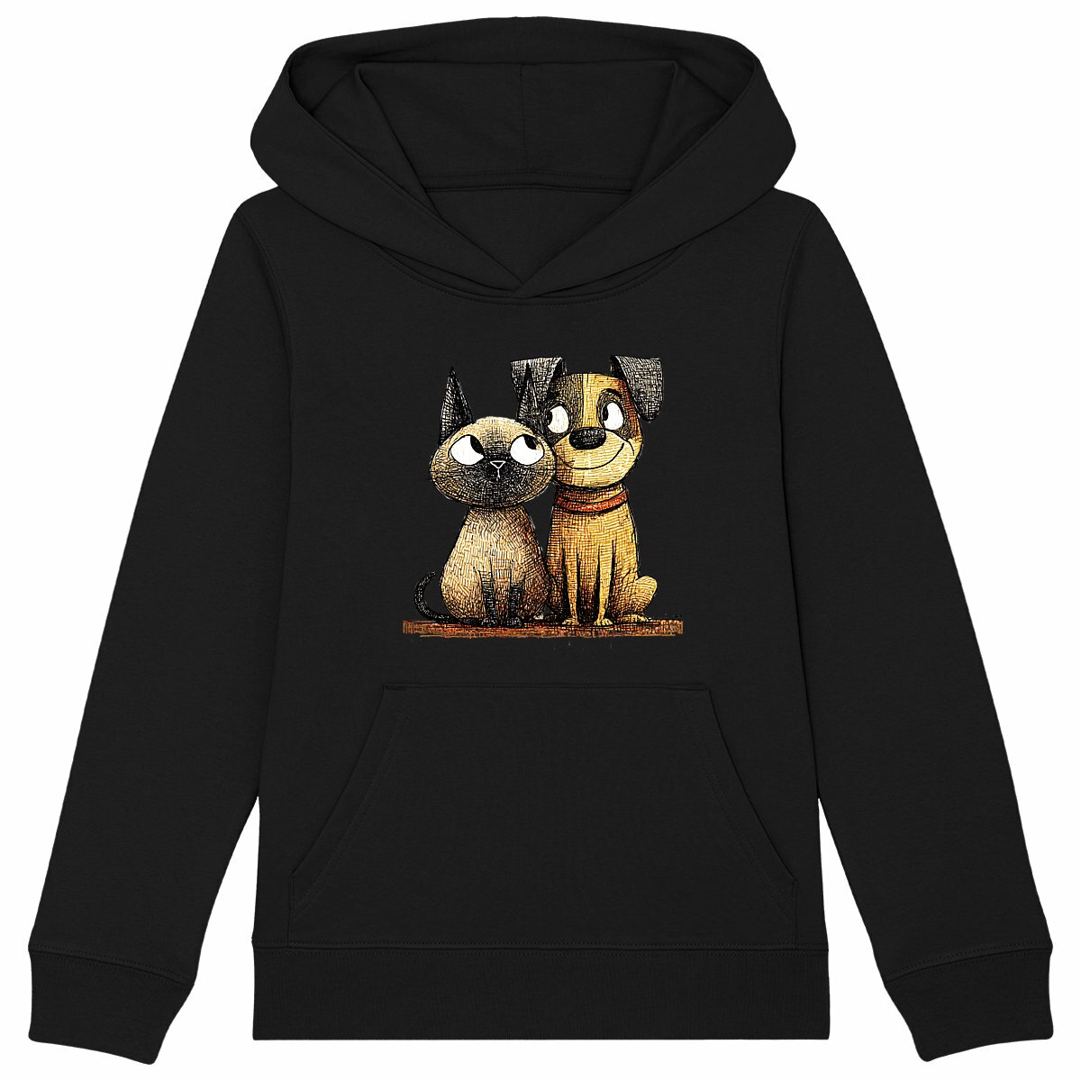 Image front Sweat à capuche Enfant Confort Bio - "Duo Chat & Chien Amis" 