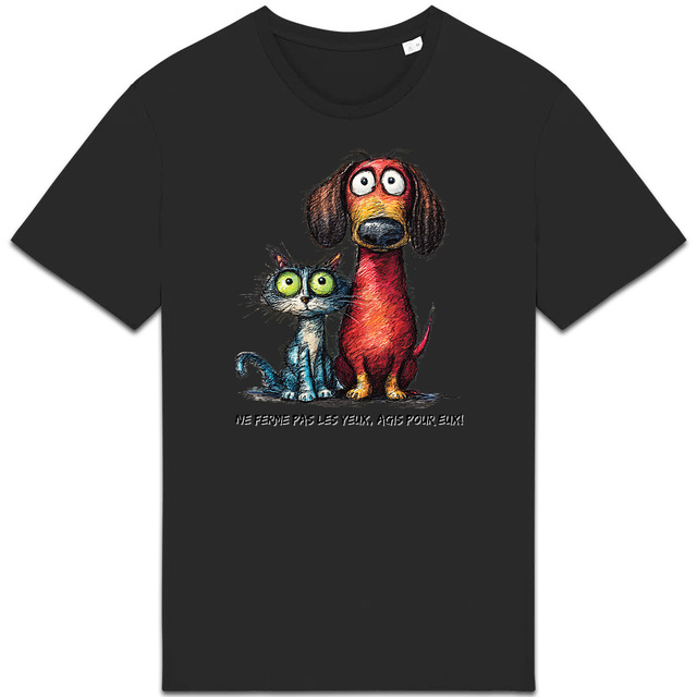 Image front T-shirt Unisexe Confort Bio - "Ne ferme pas les yeux, Agis pour eux!"