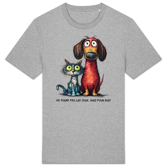 Image front T-shirt Unisexe Confort Bio - "Ne ferme pas les yeux, Agis pour eux!"