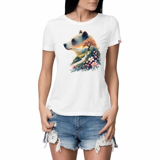 Image front T-shirt Femme Bio Made in France - "La Voie du Bonheur Ours"
