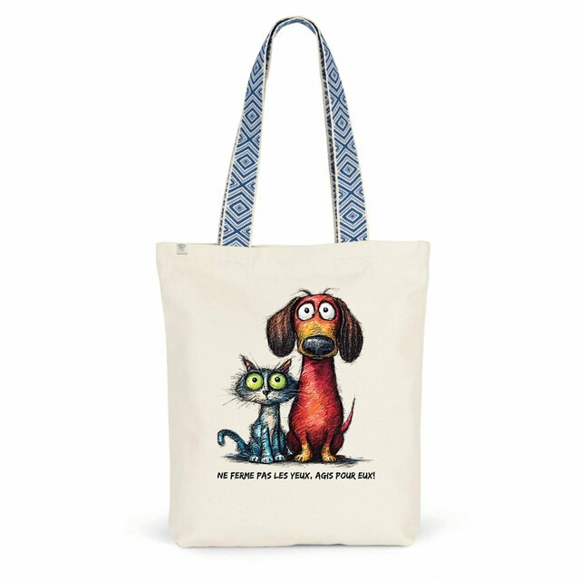 Image front Totebag Ethnique Recyclé - "Ne ferme pas les yeux, Agis pour eux!"
