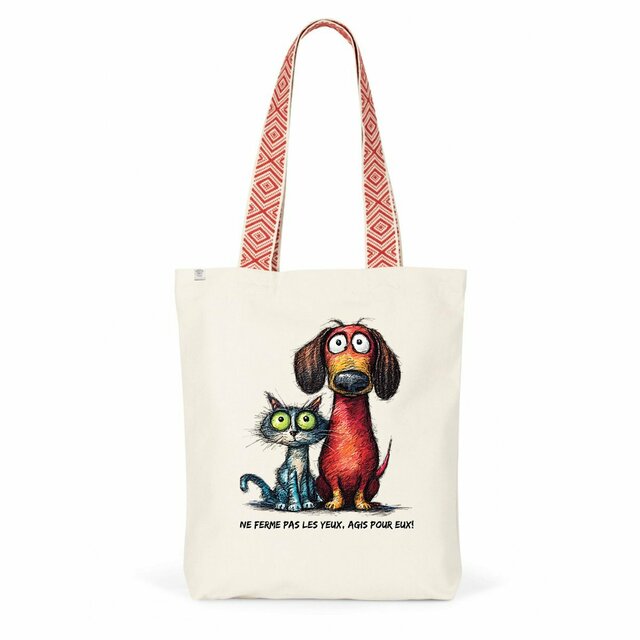 Image front Totebag Ethnique Recyclé - "Ne ferme pas les yeux, Agis pour eux!"