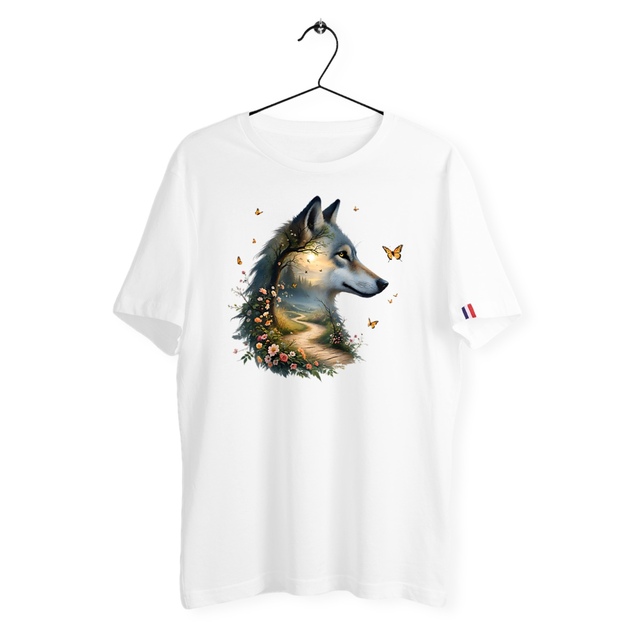 Image front T-shirt Homme Bio Made in France - "La Voie du Bonheur Loup"