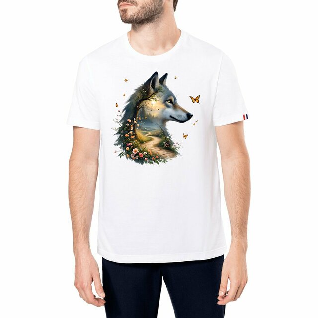 Image front T-shirt Homme Bio Made in France - "La Voie du Bonheur Loup"