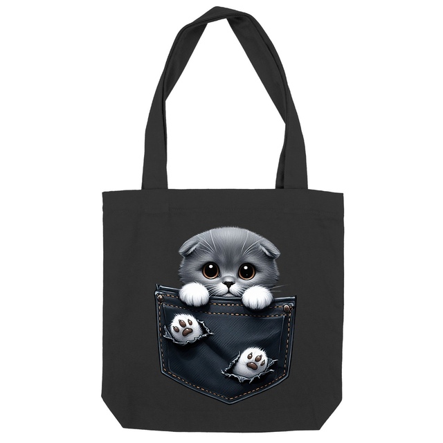 Image front Totebag Épais Recyclé - "Dans la poche" : Scottish Fold Curieux