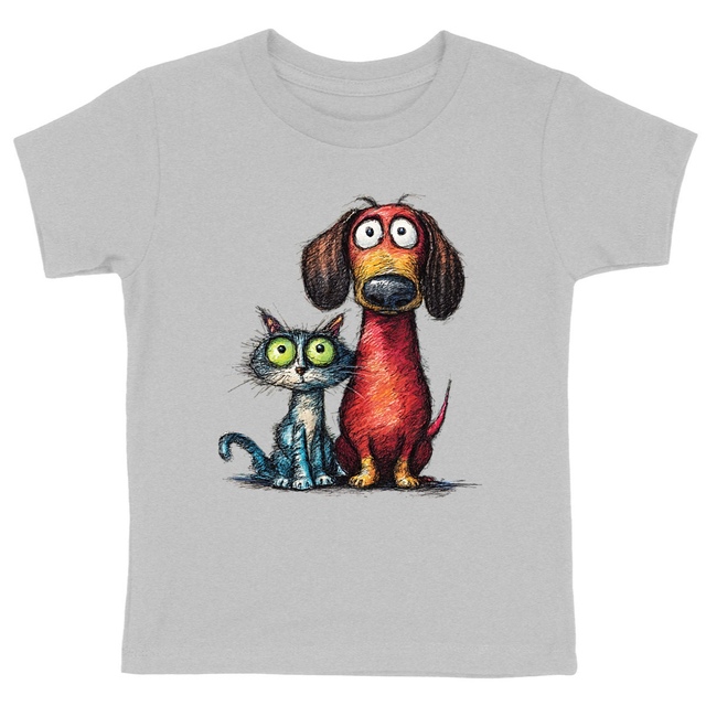 Image front T-shirt Enfant Confort Bio - "Duo Chat & Chien Amis"