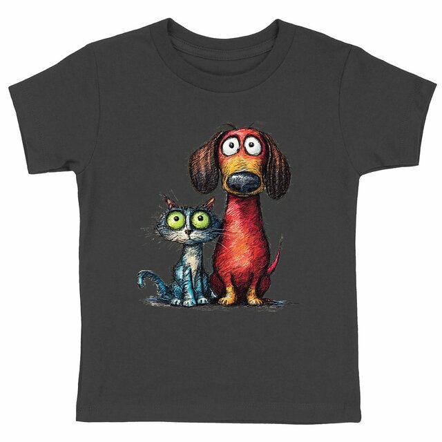 Image front T-shirt Enfant Confort Bio - "Duo Chat & Chien Amis"