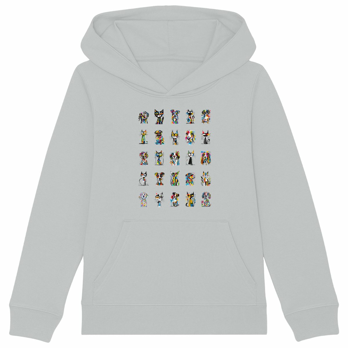 Image front Sweat à capuche Enfant Confort Bio -"Câlin entre Amis Chien & Chat"