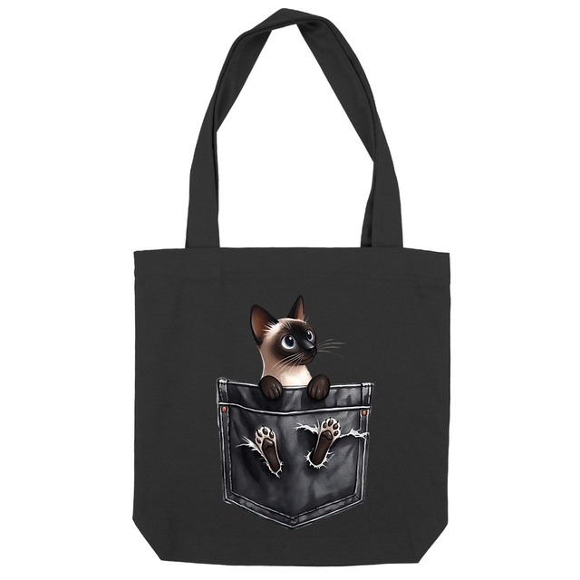 Image front Totebag Épais Recyclé - "Dans la poche" : Chaton Siamois