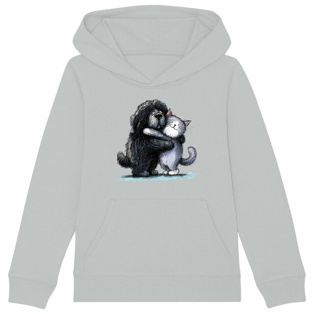 Image front Sweat à capuche Enfant Confort Bio -"Câlin entre Amis Chien & Chat"