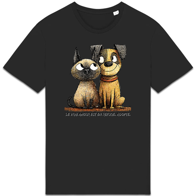 Image front T-shirt Unisexe Confort Bio - "Le Vrai Amour est en Refuge. Adopte !"