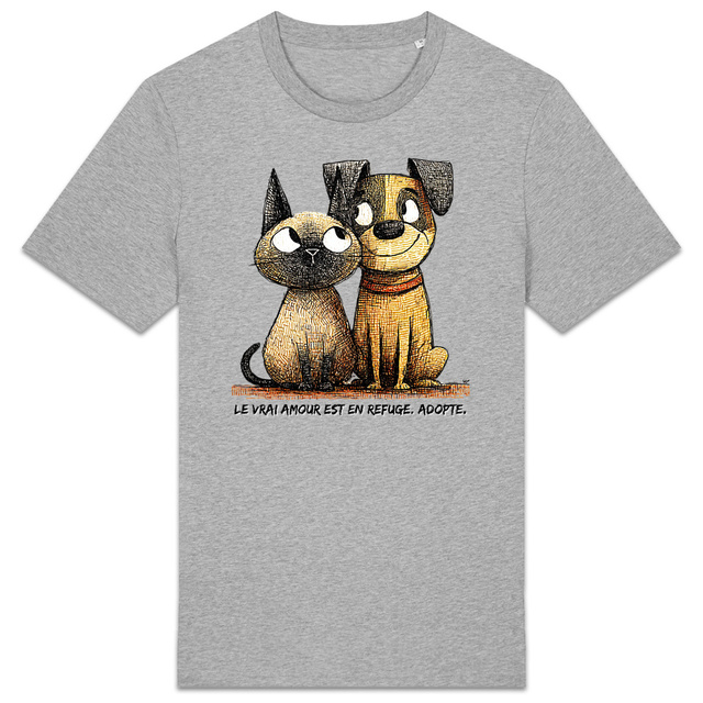 Image front T-shirt Unisexe Confort Bio - "Le Vrai Amour est en Refuge. Adopte !"