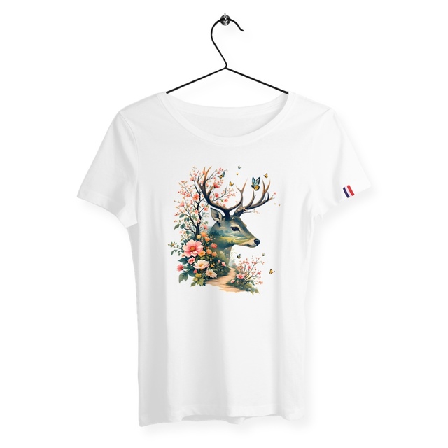 Image front T-shirt Femme Bio Made in France - "La Voie du Bonheur Biche"
