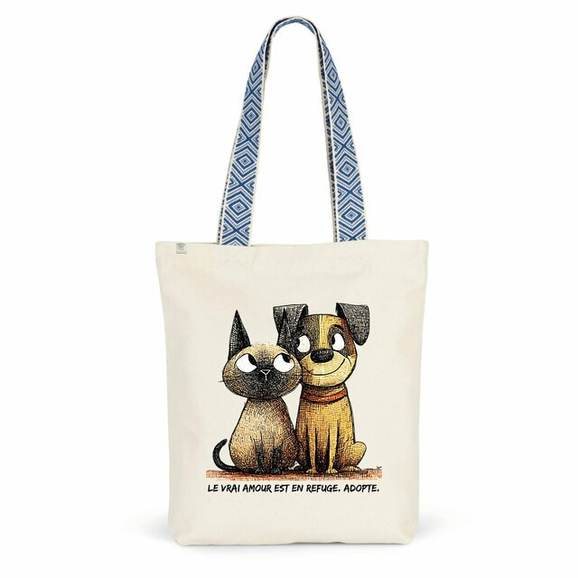 Image front Totebag Ethnique Recyclé - "Le Vrai Amour est en Refuge. Adopte !"