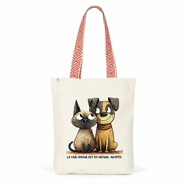 Image front Totebag Ethnique Recyclé - "Le Vrai Amour est en Refuge. Adopte !"