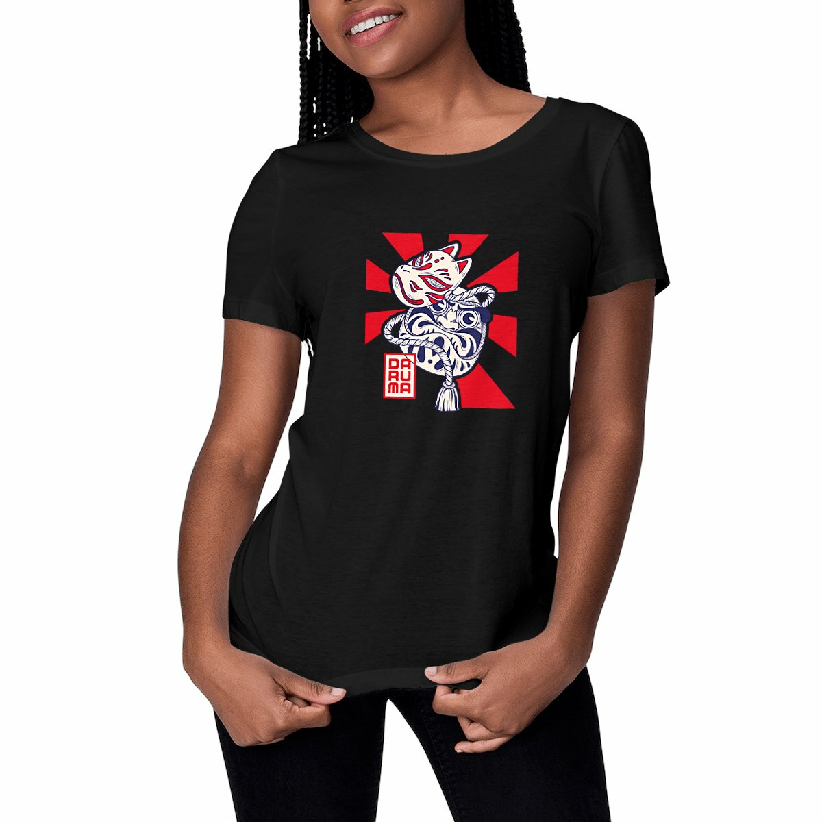 T-shirt femme “Daruma & Kitsune” – Masques japonais | Coton bio – Imprimé à la demande