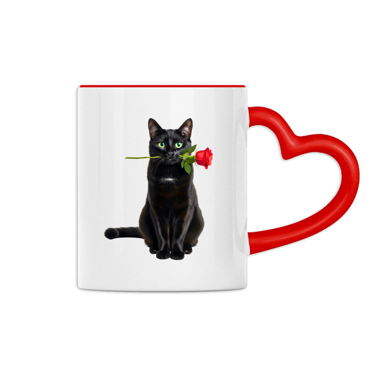 Image back Mug chat noir aux yeux verts & rose rouge | Anse cœur 