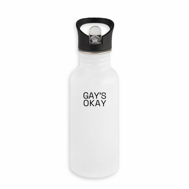 Stainless steel water bottle with straw - "GAY'S OKAY"