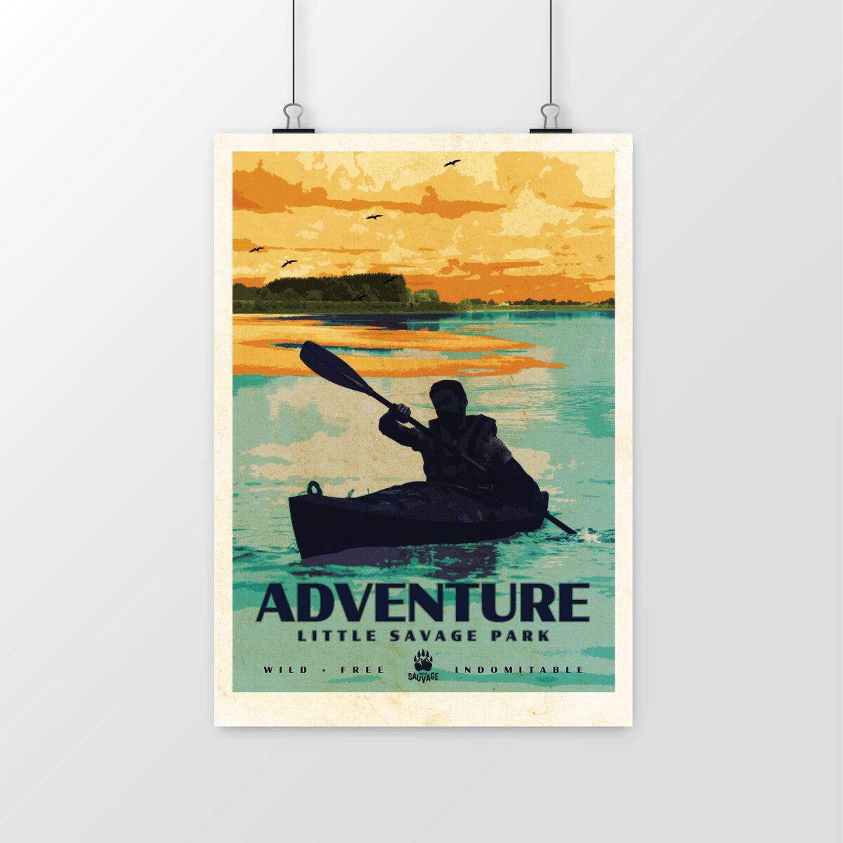 Poster affiche d'art - Canoë en rivière style rétro