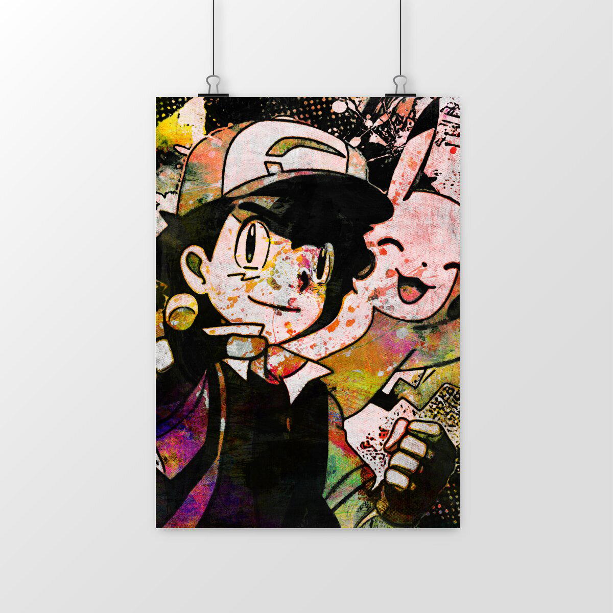 Poster Pokemon, affiche portrait sacha et pikachu street-art - Peinture pop culture