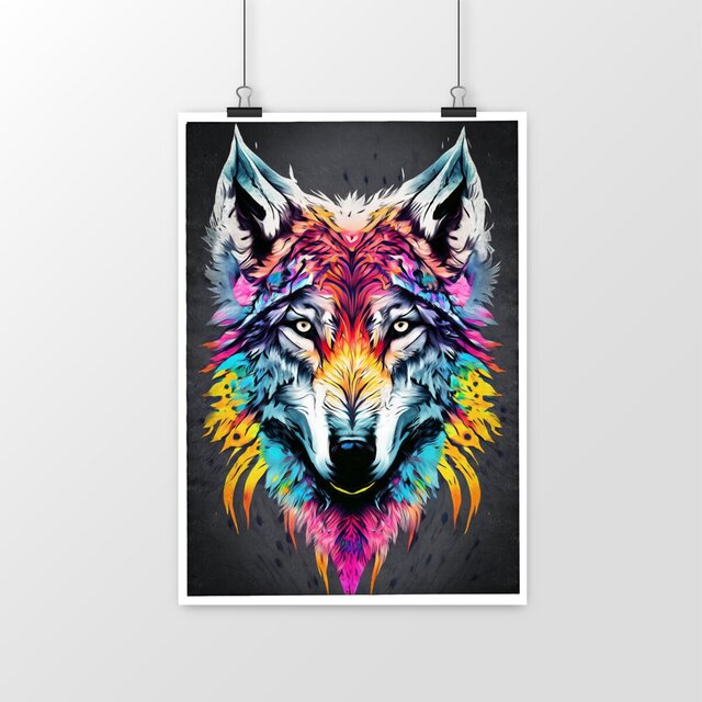Image front Tête de Loup tribale et colorée