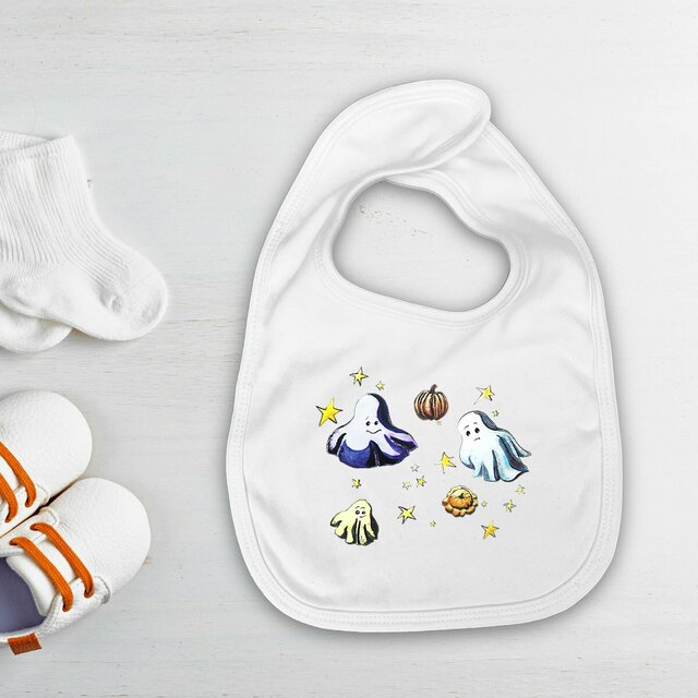 Image du produit Bavoir d'Halloween en coton bio, avec fantômes et citrouilles