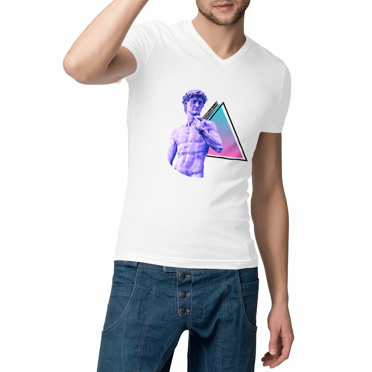 Image front T-shirt col en V "David trio triangles"