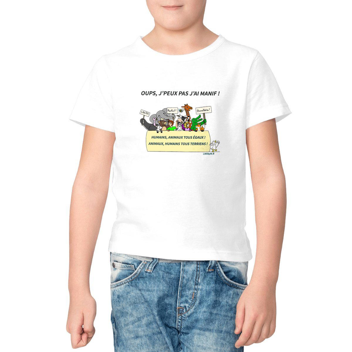 Image front Tee-shirt Bio Enfant LMV OUPS J'PEUX PAS J'AI MANIF fond blanc
