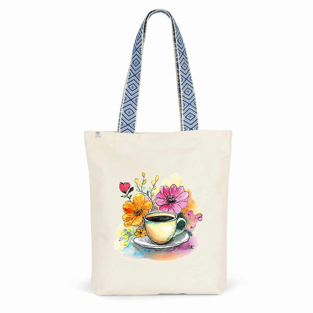 Image front Sac fourre tout fleuri / cabas fleuri ethnique  "Enfin une Pause!"