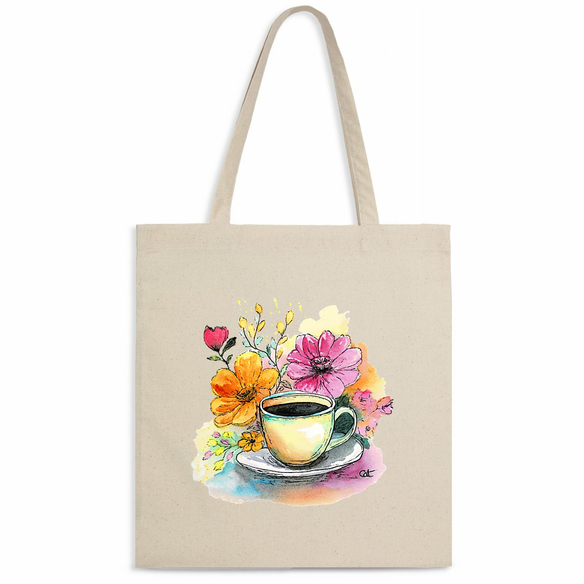 Image back Sac fourre tout fleuri / Cabas fleuri coton bio "Enfin une Pause!"