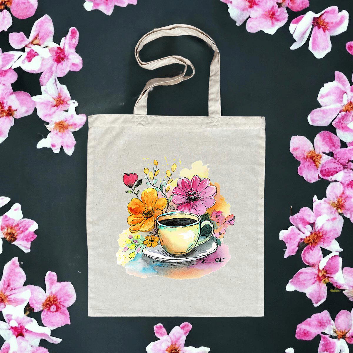Image front Sac fourre tout fleuri / Cabas fleuri coton bio "Enfin une Pause!"